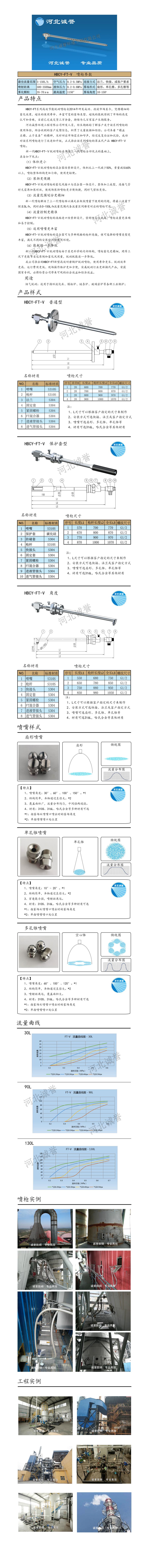 FT-V脫硝噴槍、保護(hù)套、噴槍參數(shù)、材質(zhì)尺寸、流量分布圖、扇形空心錐俯視圖介紹，以及噴槍霧化視頻展示和工程案例介紹